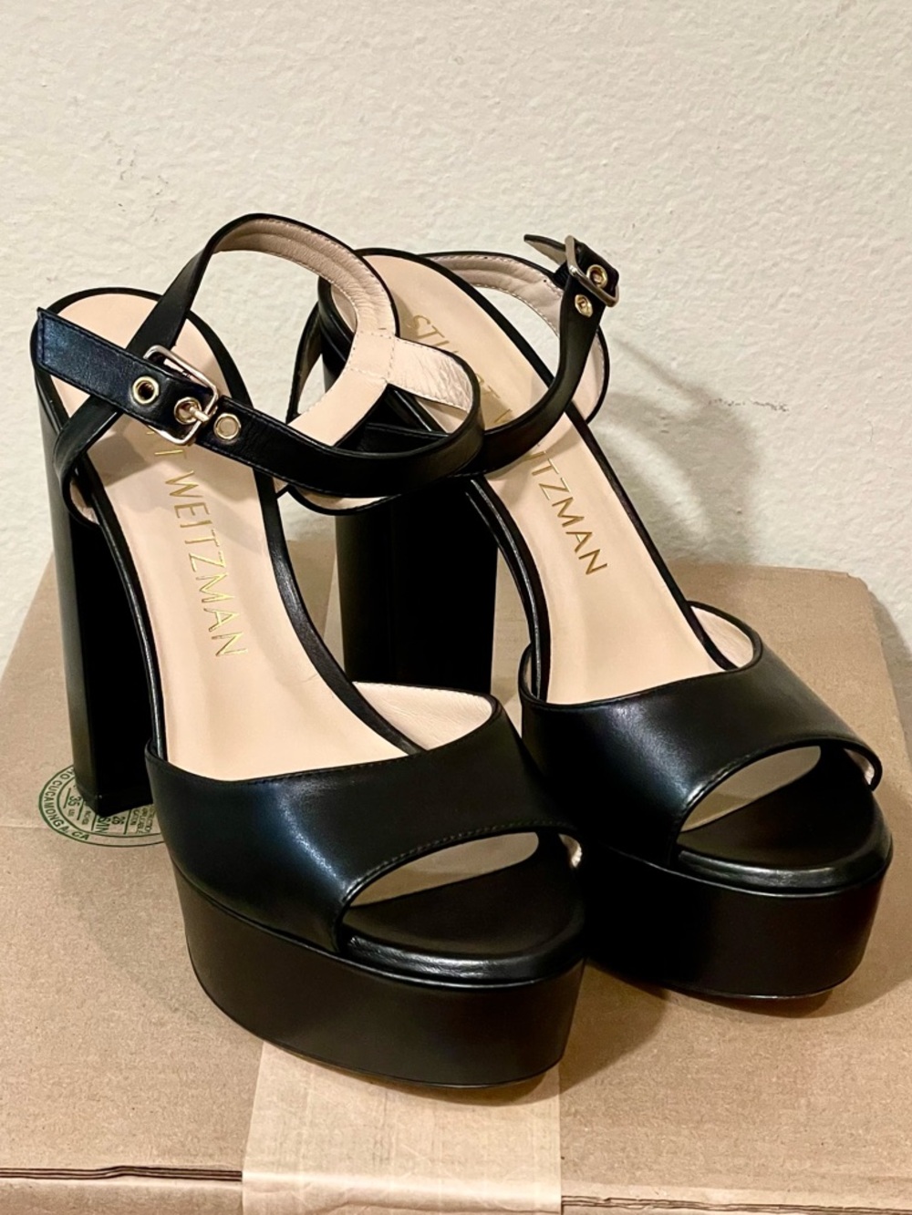 BRAND NEW Stuart Weitzman Black Leather Ryder 95 Platform Sandals Size 9 Medium - Picture 3 of 7